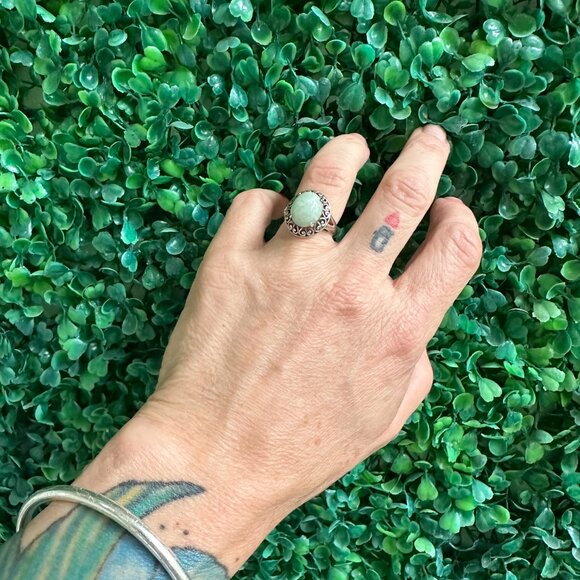 Vintage Handmade 925 Silver Oval Larimar Cabochon Ring Filigree Size 6 - Picture 2 of 6